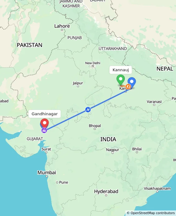 Route map showing distance and travel time from Kannauj, India to Gandhinagar, India