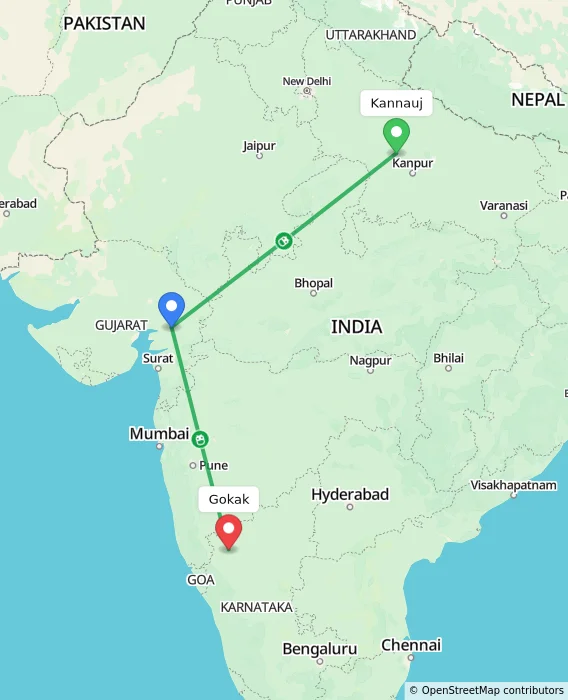 Route map showing distance and travel time from Kannauj, India to Gokak, India
