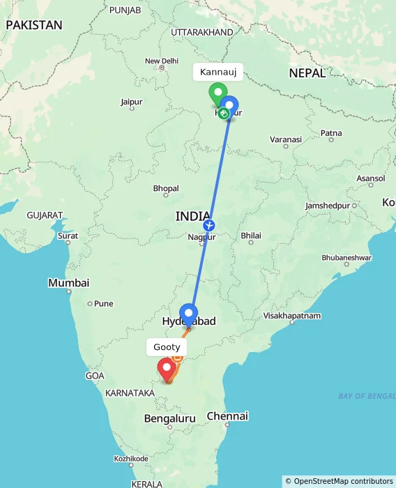 Route map showing distance and travel time from Kannauj, India to Gooty, India