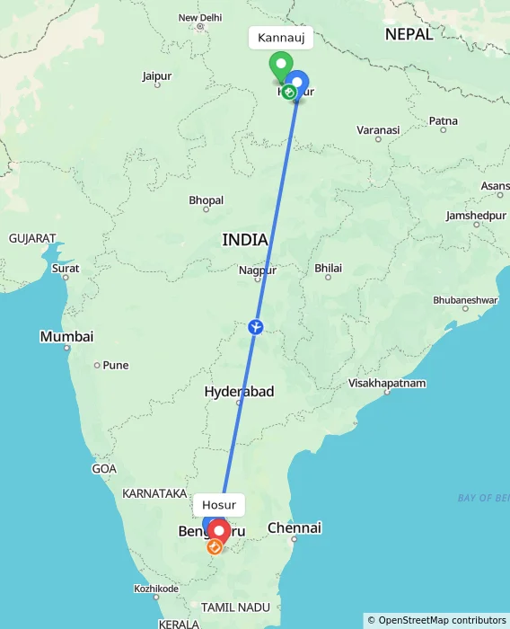 Route map showing distance and travel time from Kannauj, India to Hosur, India