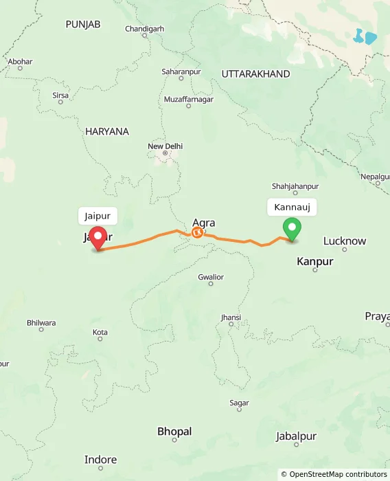 Route map showing distance and travel time from Kannauj, India to Jaipur, India