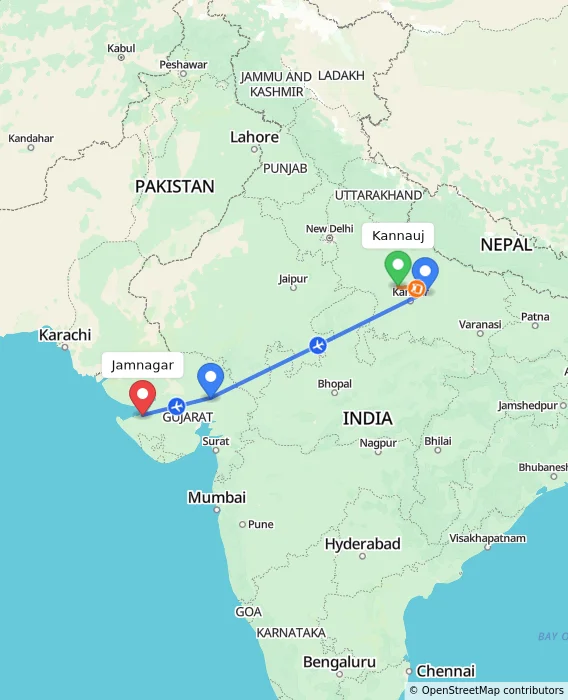 Route map showing distance and travel time from Kannauj, India to Jamnagar, India