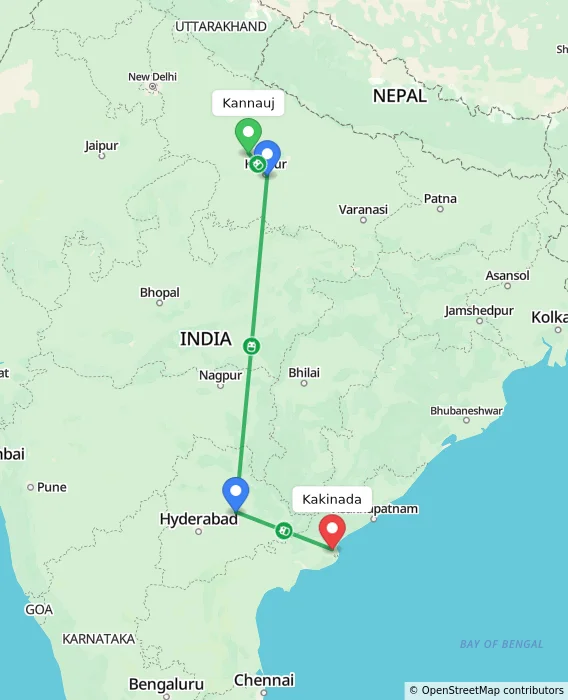 Route map showing distance and travel time from Kannauj, India to Kakinada, India