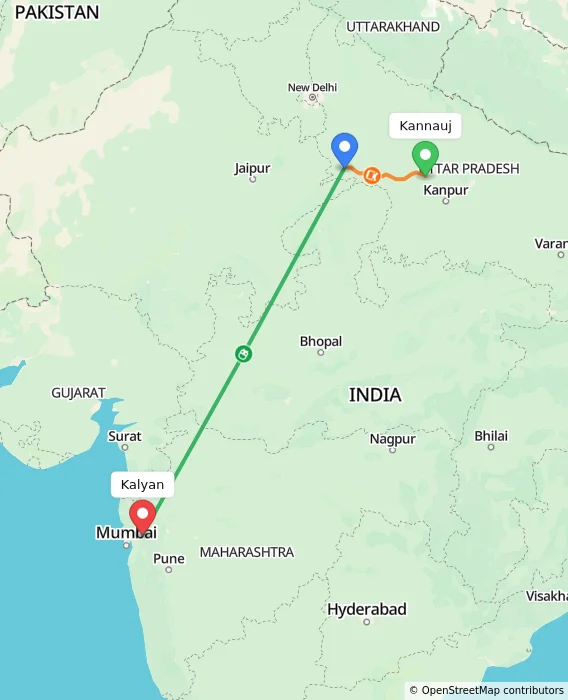 Route map showing distance and travel time from Kannauj, India to Kalyan, India