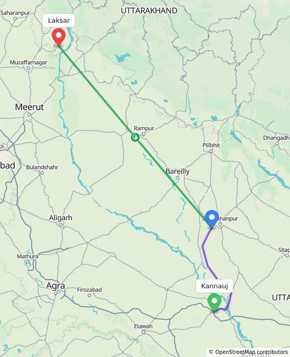 Route map showing distance and travel time from Kannauj, India to Laksar, India