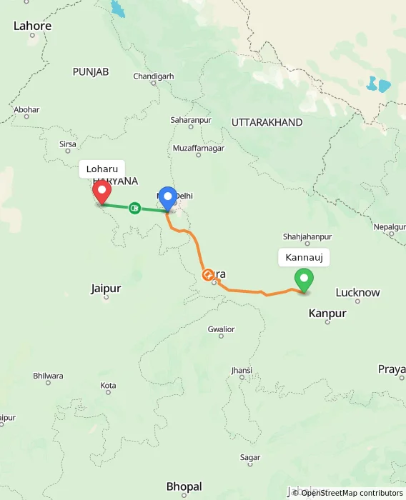 Route map showing distance and travel time from Kannauj, India to Loharu, India