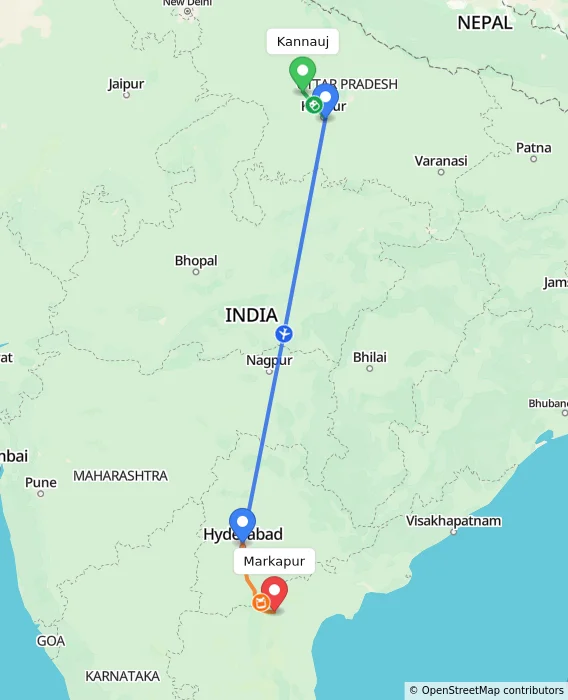 Route map showing distance and travel time from Kannauj, India to Markapur, India