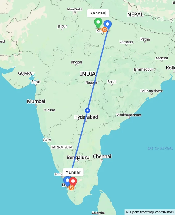 Route map showing distance and travel time from Kannauj, India to Munnar, India