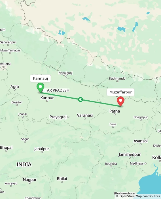 Route map showing distance and travel time from Kannauj, India to Muzaffarpur, India