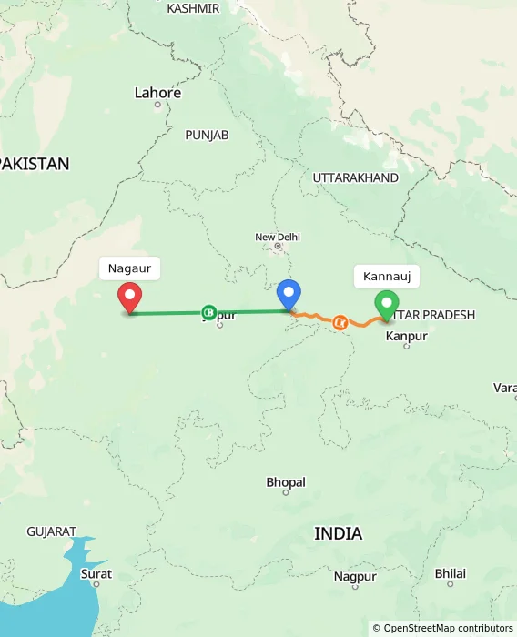 Route map showing distance and travel time from Kannauj, India to Nagaur, India