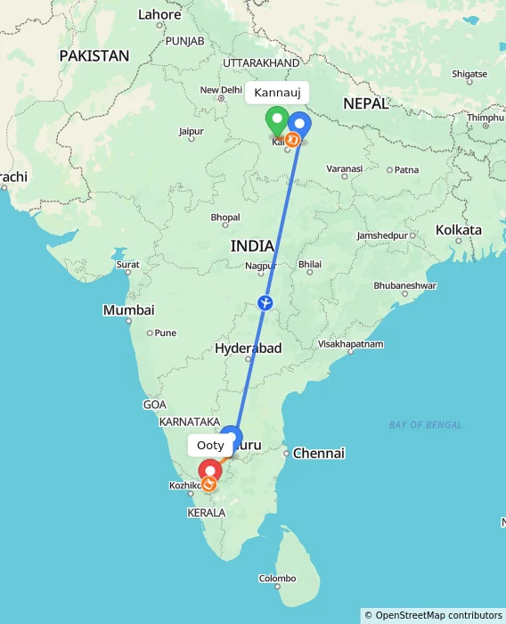 Route map showing distance and travel time from Kannauj, India to Ooty, India