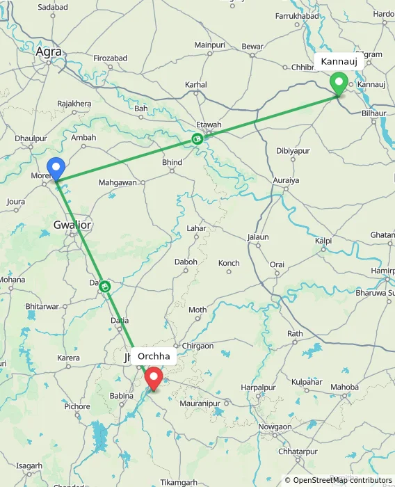 Route map showing distance and travel time from Kannauj, India to Orchha, India