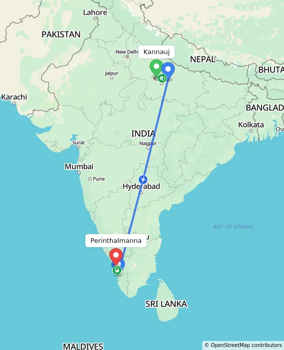 Route map showing distance and travel time from Kannauj, India to Perinthalmanna, India