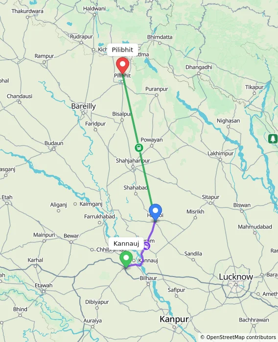 Route map showing distance and travel time from Kannauj, India to Pilibhit, India
