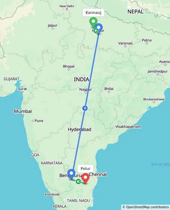 Route map showing distance and travel time from Kannauj, India to Polur, India