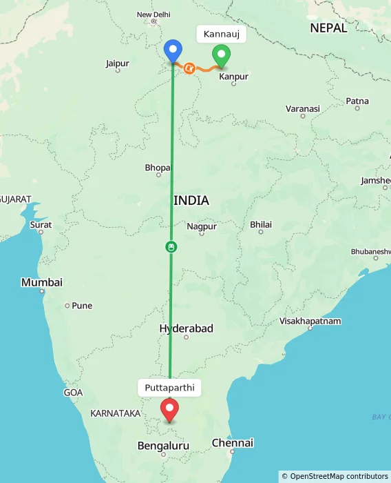 Route map showing distance and travel time from Kannauj, India to Puttaparthi, India