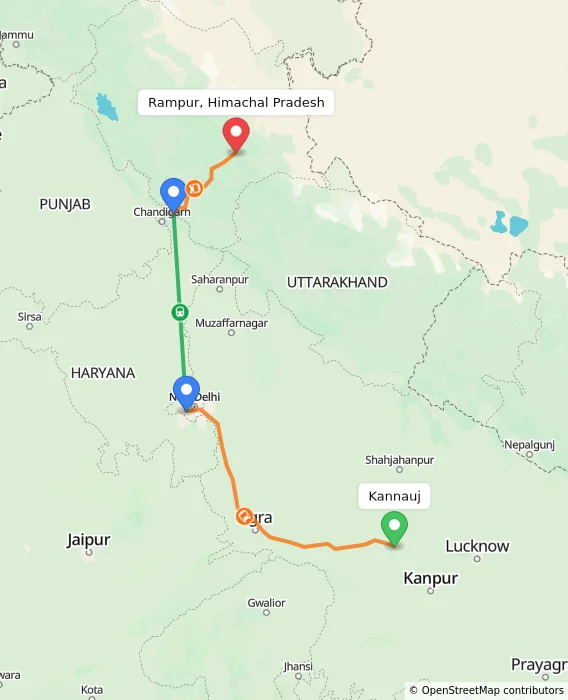 Route map showing distance and travel time from Kannauj, India to Rampur, Himachal Pradesh, India