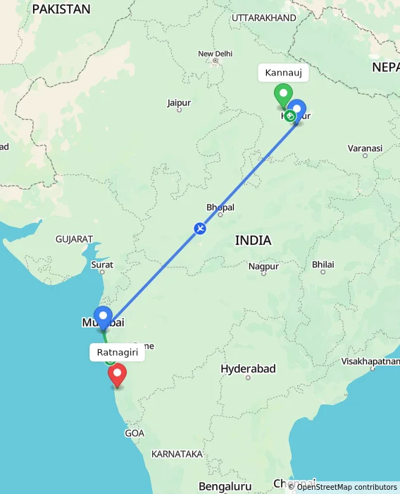 Route map showing distance and travel time from Kannauj, India to Ratnagiri, India
