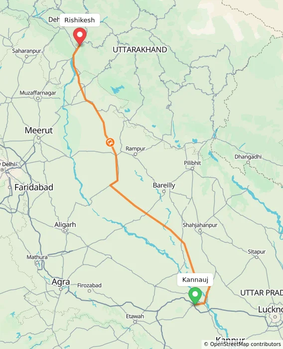 Route map showing distance and travel time from Kannauj, India to Rishikesh, India