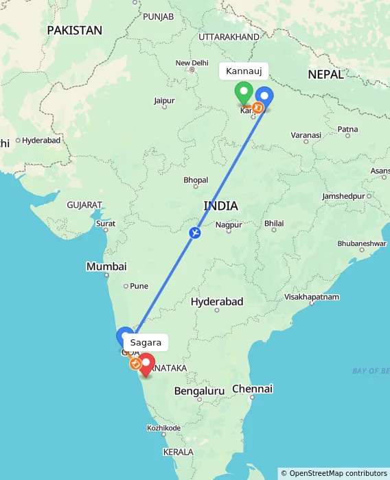 Route map showing distance and travel time from Kannauj, India to Sagara, India