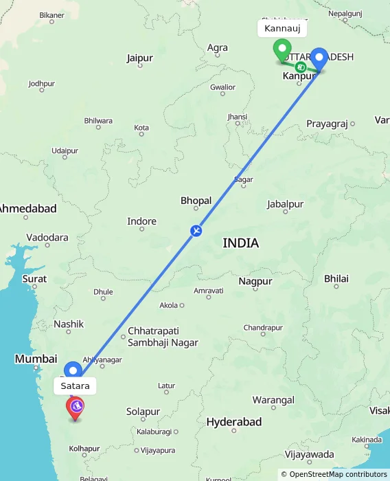 Route map showing distance and travel time from Kannauj, India to Satara, India