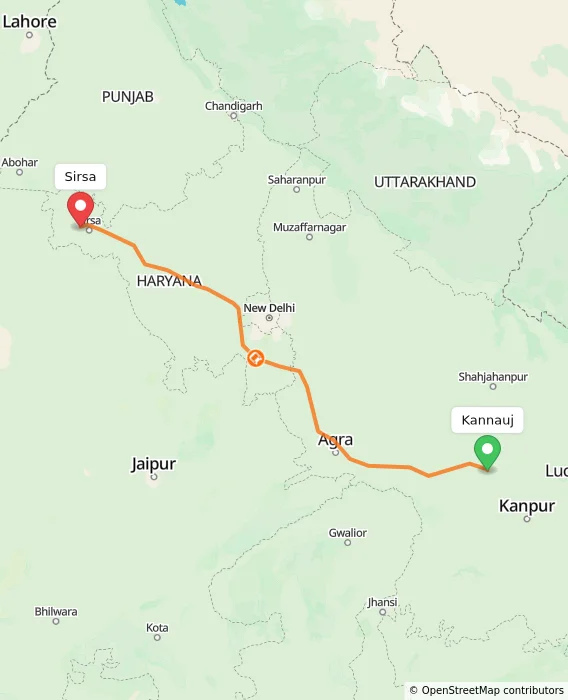 Route map showing distance and travel time from Kannauj, India to Sirsa, India