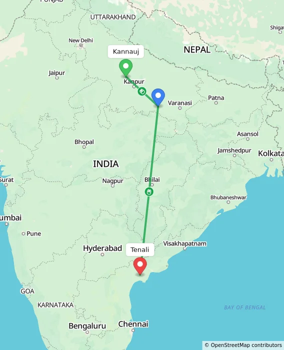 Route map showing distance and travel time from Kannauj, India to Tenali, India