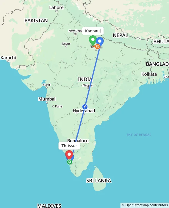 Route map showing distance and travel time from Kannauj, India to Thrissur, India