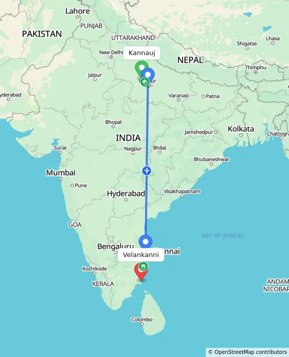 Route map showing distance and travel time from Kannauj, India to Velankanni, India