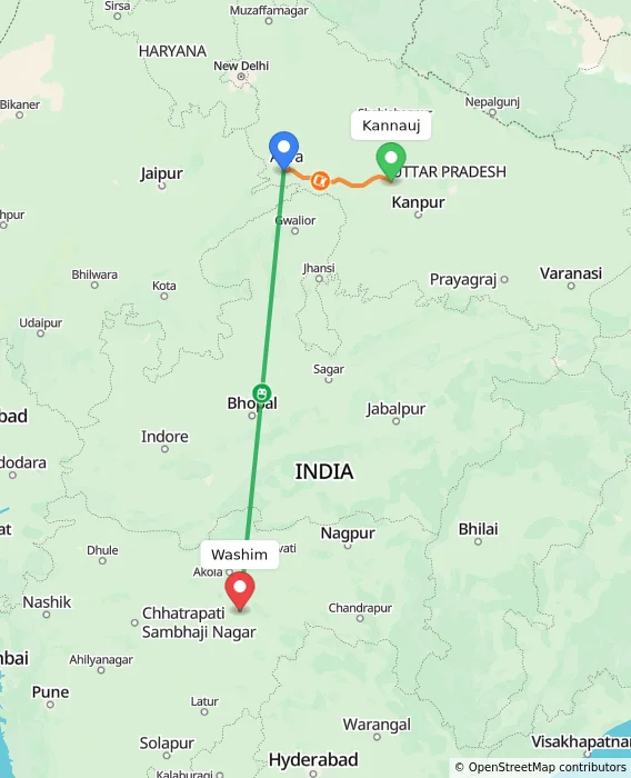 Route map showing distance and travel time from Kannauj, India to Washim, India
