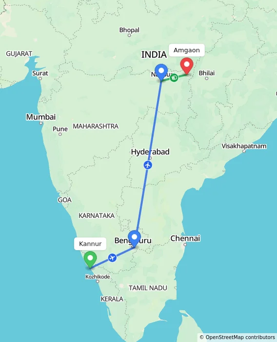 Route map showing distance and travel time from Kannur, India to Amgaon, India