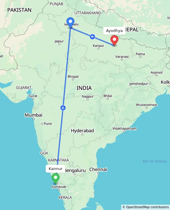 Route map showing distance and travel time from Kannur, India to Ayodhya, India