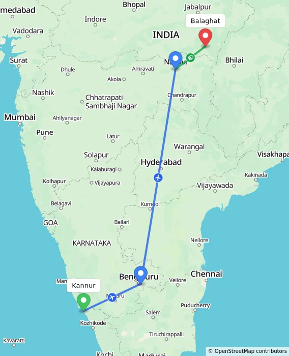 Route map showing distance and travel time from Kannur, India to Balaghat, India