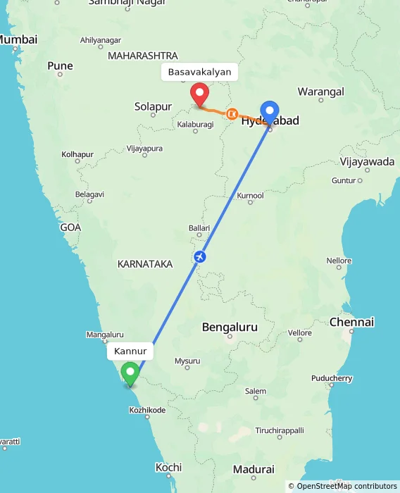 Route map showing distance and travel time from Kannur, India to Basavakalyan, India