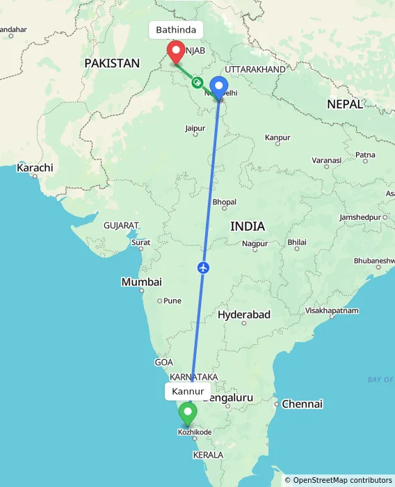 Route map showing distance and travel time from Kannur, India to Bathinda, India