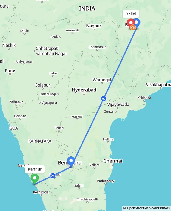 Route map showing distance and travel time from Kannur, India to Bhilai, India