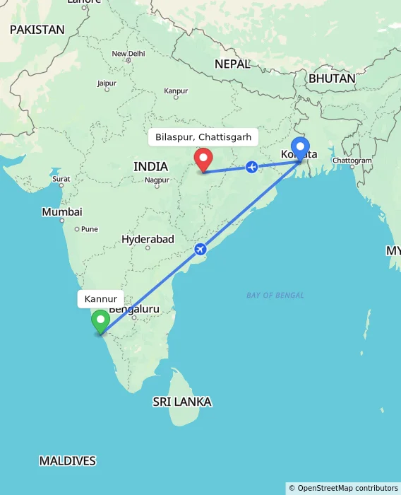 Route map showing distance and travel time from Kannur, India to Bilaspur, Chattisgarh, India