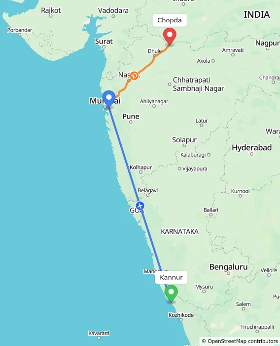Route map showing distance and travel time from Kannur, India to Chopda, India