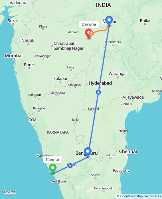 Route map showing distance and travel time from Kannur, India to Darwha, India
