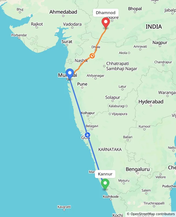 Route map showing distance and travel time from Kannur, India to Dhamnod, India