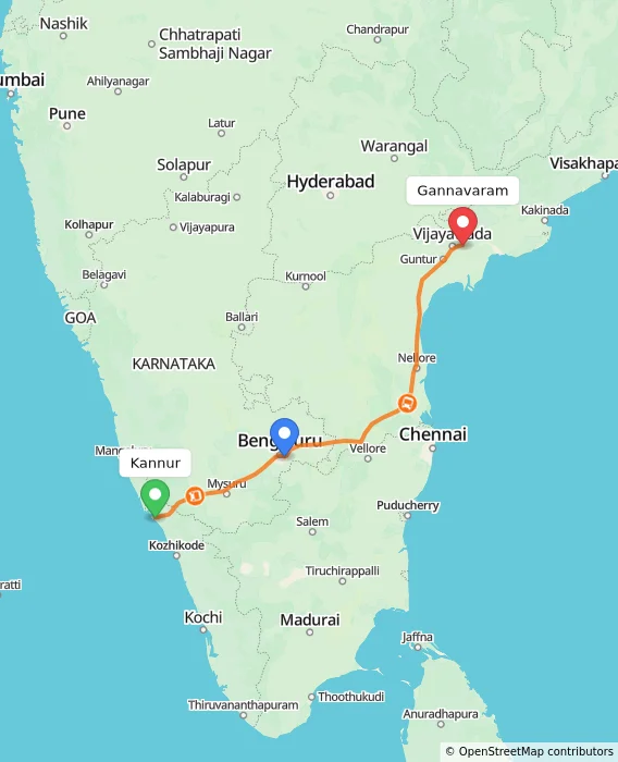 Route map showing distance and travel time from Kannur, India to Gannavaram, India