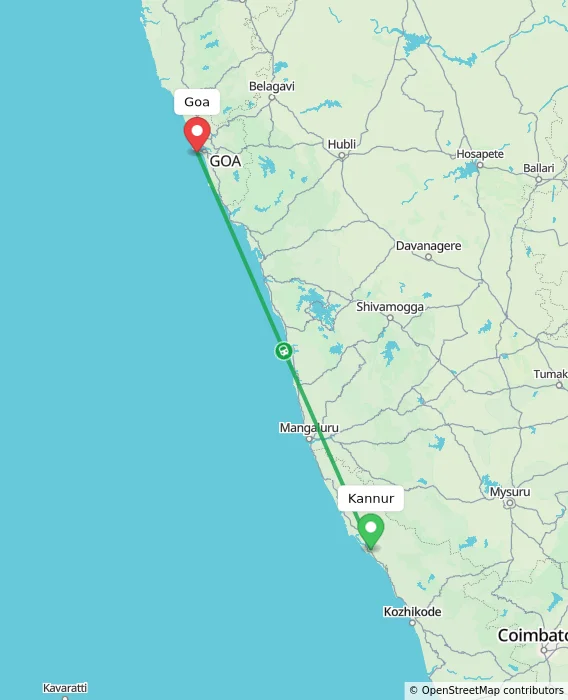 Route map showing distance and travel time from Kannur, India to Goa, India