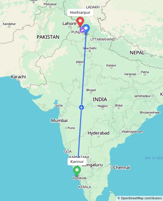 Route map showing distance and travel time from Kannur, India to Hoshiarpur, India