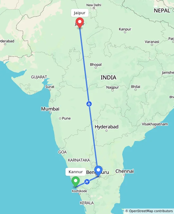 Route map showing distance and travel time from Kannur, India to Jaipur, India