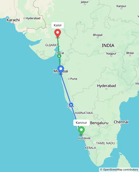 Route map showing distance and travel time from Kannur, India to Kalol, India