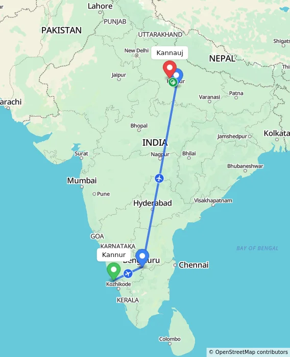 Route map showing distance and travel time from Kannur, India to Kannauj, India