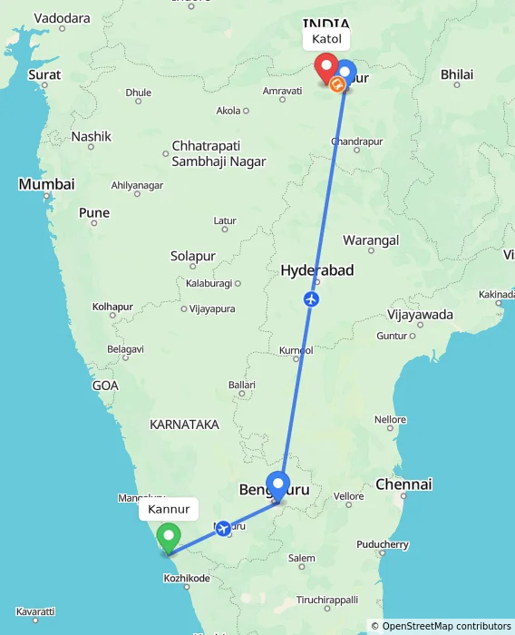 Route map showing distance and travel time from Kannur, India to Katol, India