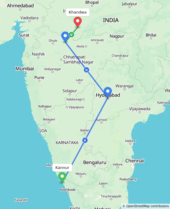 Route map showing distance and travel time from Kannur, India to Khandwa, India
