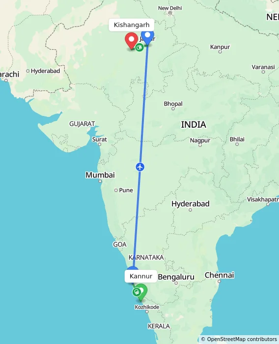 Route map showing distance and travel time from Kannur, India to Kishangarh, India