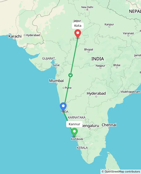 Route map showing distance and travel time from Kannur, India to Kota, India